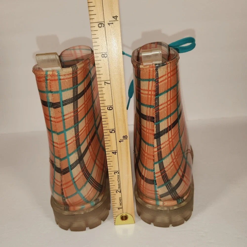 BONGO Plaid Rain Boot Women Size 9 Orange Blue Clear Jelly Lace Up Cottagecore